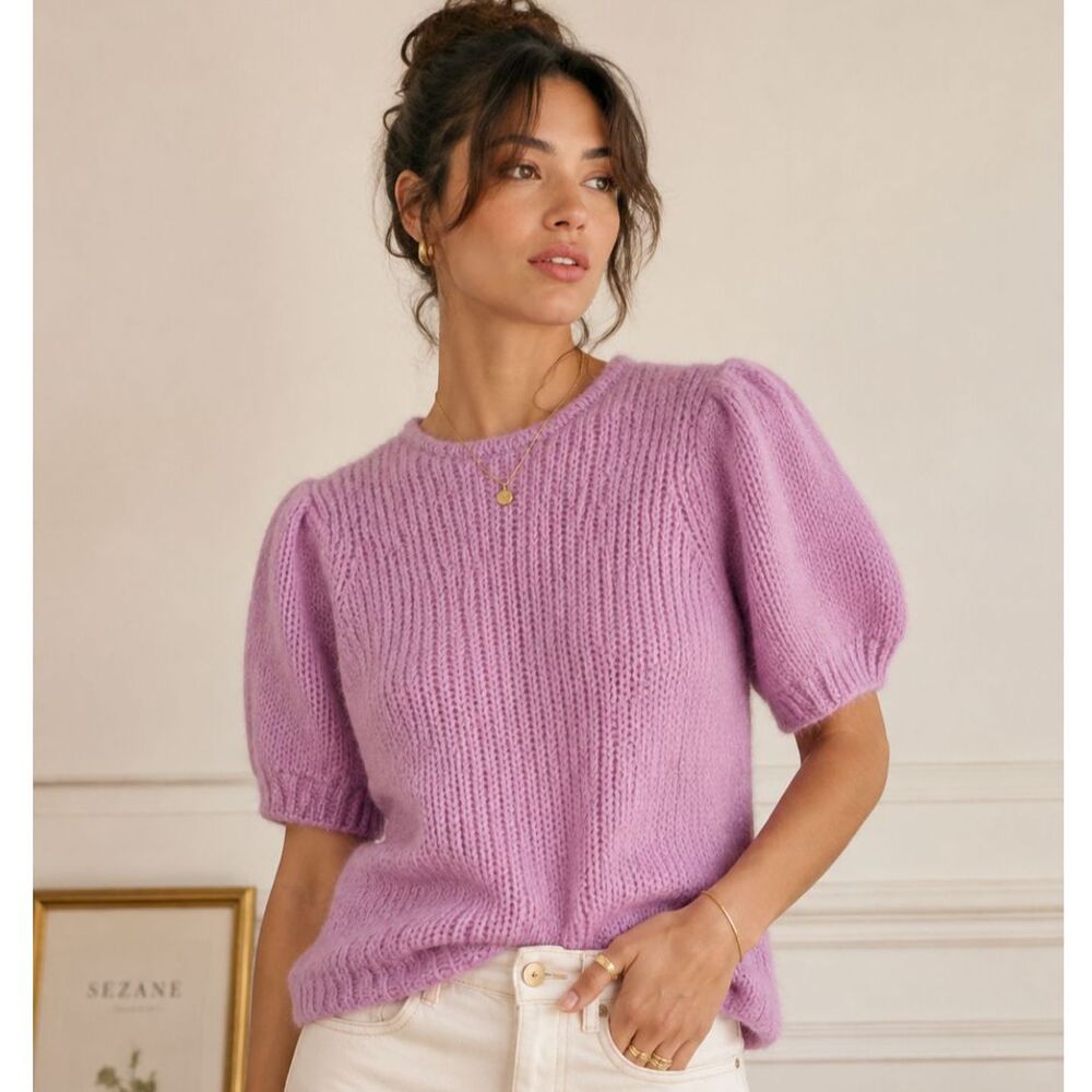 Hansel from Basel Fuzzy Knit Puff Sleeve Sweater Pink – Size  Medium Large